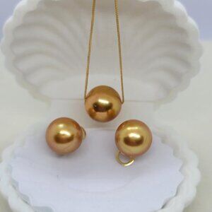 Genuine Deep Golden South Sea Pearl Jewelry Set – 18K Solid Gold Necklace & 14K